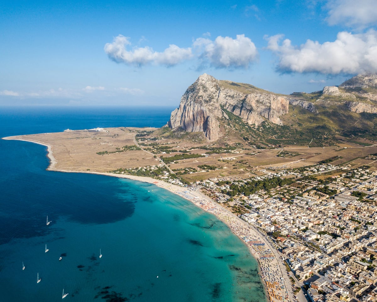 Aerial view of San Vito Lo Capo and the Monte Monaco headland, in Trapani Province, Western Sicily