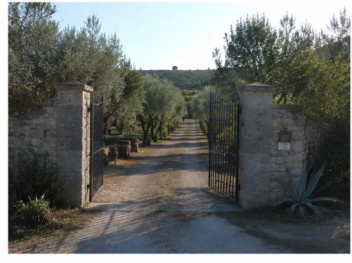 Gated stone entrance and driveway lined by olive trees at a Sicilian property