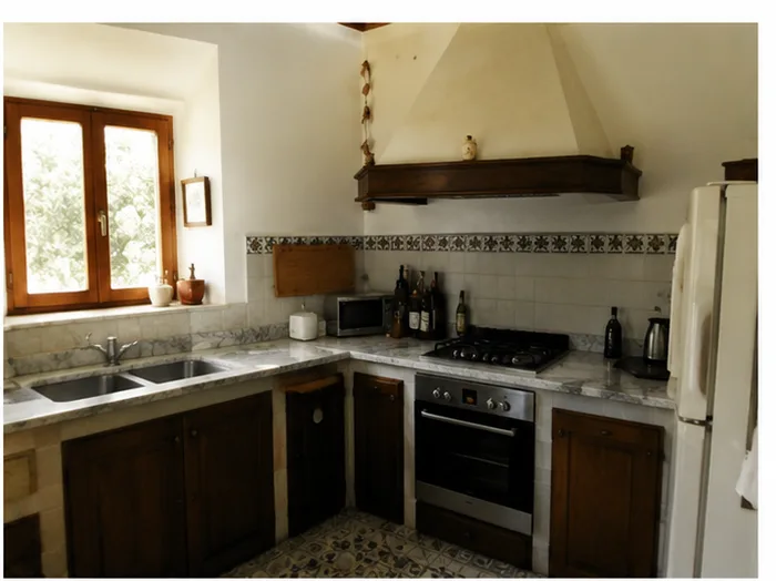 Traditional Sicilian kitchen with wood cabinetry and tiled backsplash